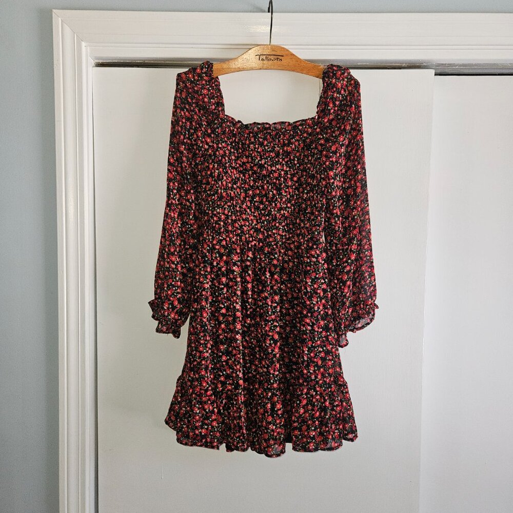 Lily Rose Smocked Black Red Floral Small Mini Dress - Picture 4 of 12